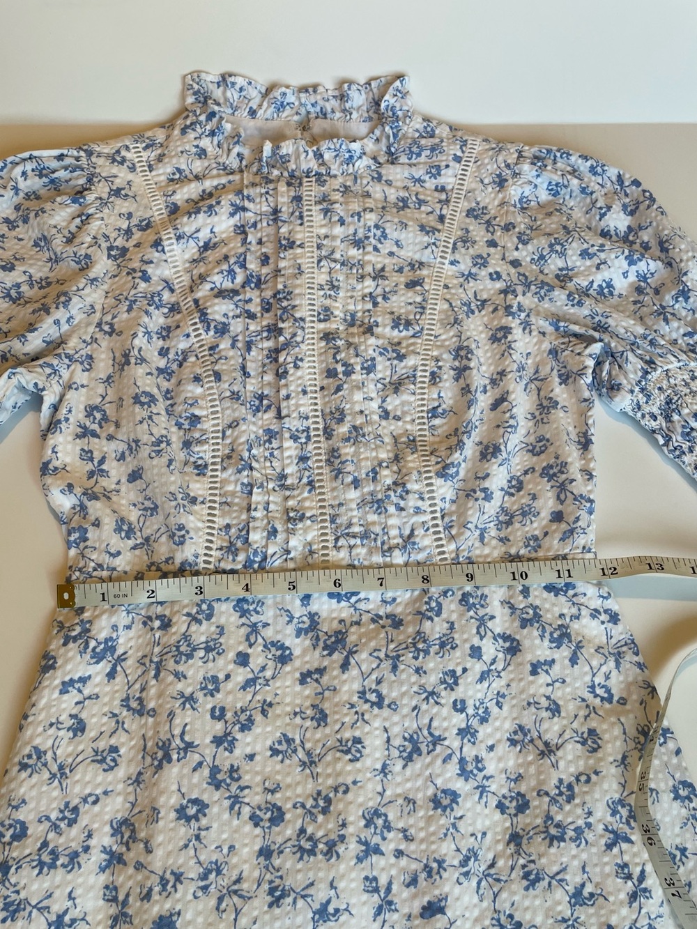 Laura Ashley x UO Maisy Mock Neck Mini Dress White Blue Floral Ruffle Eyelet XS - Picture 7 of 15